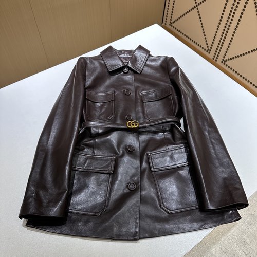 Gucci Authentic Leather Workwear with Embroidered Collar and Premium Accessories