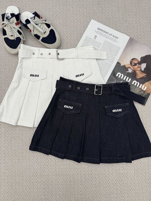 Miu Miu Denim Pleated Skirt with Logo and Fake Pocket