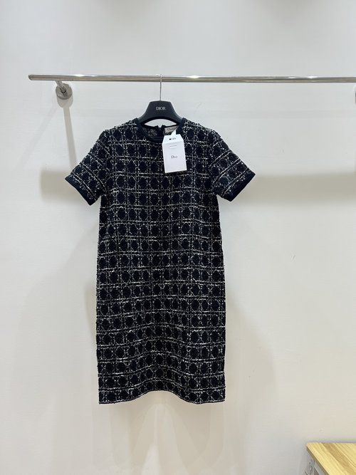 Dior French-Style Short-Sleeve Dress with Classic Wicker Jacquard
