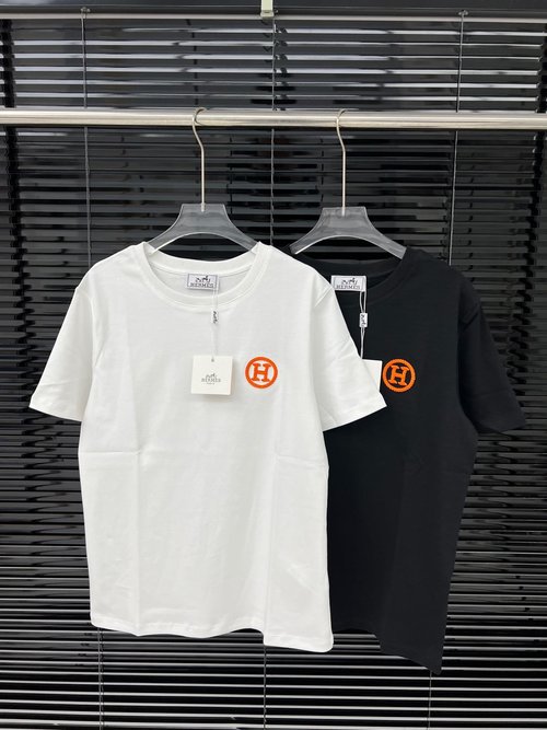 Hermes Two-Color Embroidered Short-Sleeved T-Shirt with Elegant Style