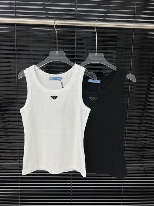 Prada Hand-stitched Triangle Logo Tank Top in Dual Colors, Comfortable Stretch Fabric