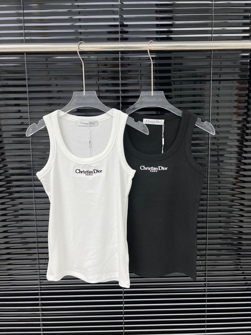 Dior Elastic Cotton Vest with Front Letter Embroidery, Comfortable and Classic