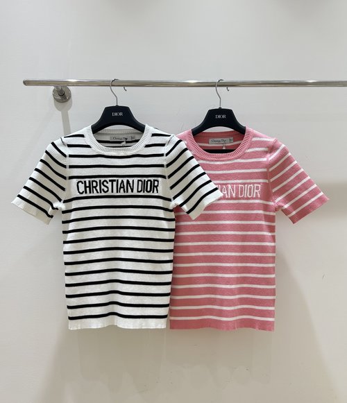 Dior Stripe Letter Jacquard Round-Neck Short-Sleeve Shirt, Fashionable and Refined