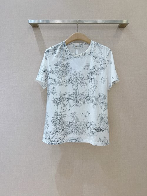 Dior Coconut Tree Butterfly Print Cotton-Linen Round Neck Tee
