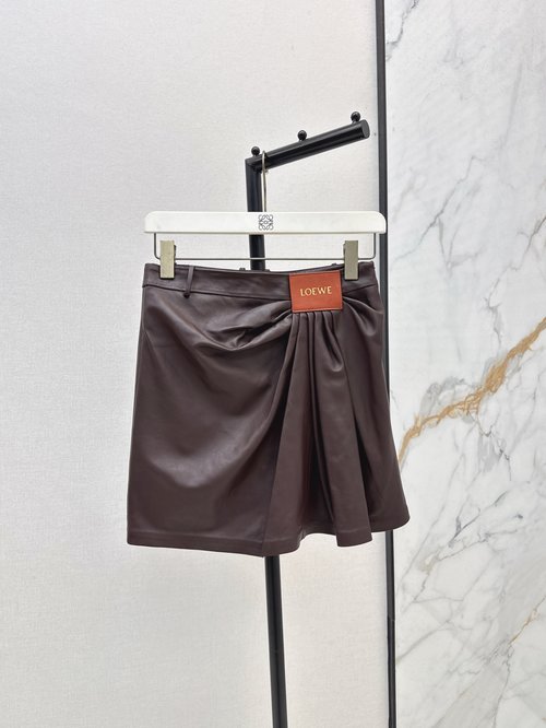 Loewe Vintage Modern Leather Skirt with Hand-Gathered Side Drapes and Slim Fit