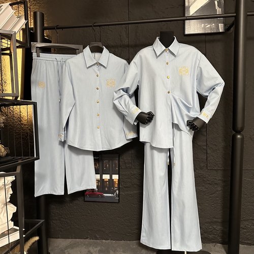 Loewe Elegant Shirt and Wide-leg Pants Suit with Logo Embroidery