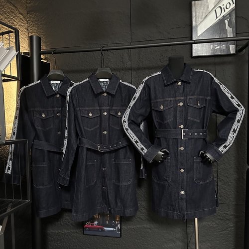 Dior Vintage Washed Blue Denim Jacket with Multiple Pockets and Embroidered Belt