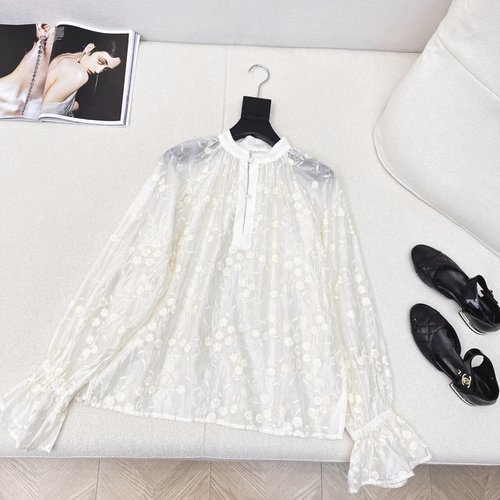 Chanel French Retro Silk-cotton Shirt with Lantern Sleeves