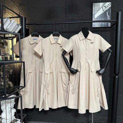 Prada Customized Collared Dress with Triangular Logo and Drawstring Hem
