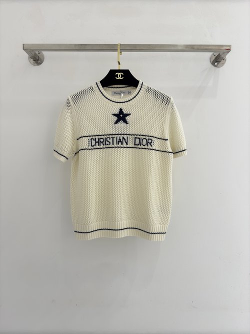 Dior White Lace Short Sleeve Top with Letter Accents