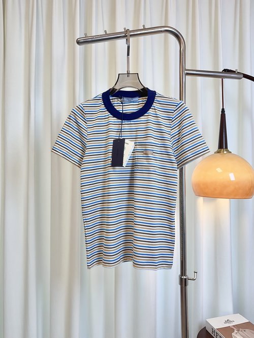 Prada Custom Logo T-Shirt with Cotton Stripe, Comfortable and Adaptable