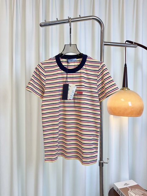 Prada Custom Cotton Striped T-Shirt with Logo, Practical and Versatile