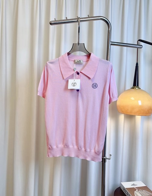 Hermes Custom Tencel Wool T-shirt with Twisted Four-Color Embroidered Logo