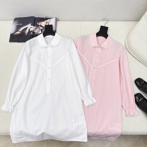 Prada Lace - Trimmed Floral - Embroidery Blouse Dress in Silk - Cotton