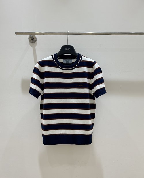 Prada Classic Striped Short-Sleeve T-Shirt with Letter Embroidery