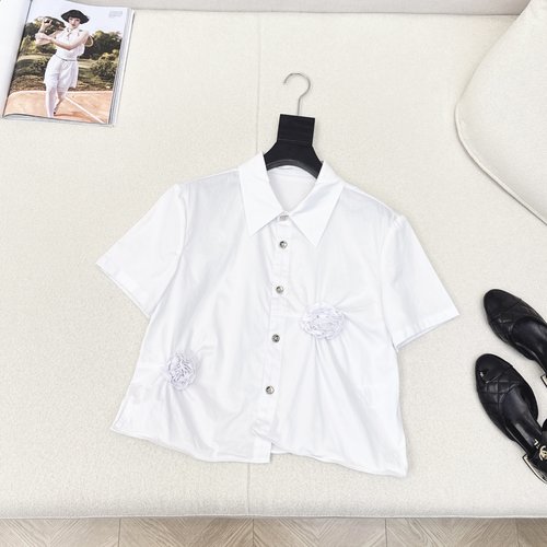 Chanel Cotton Short-sleeved Shirt with 3D Rose Decoration
