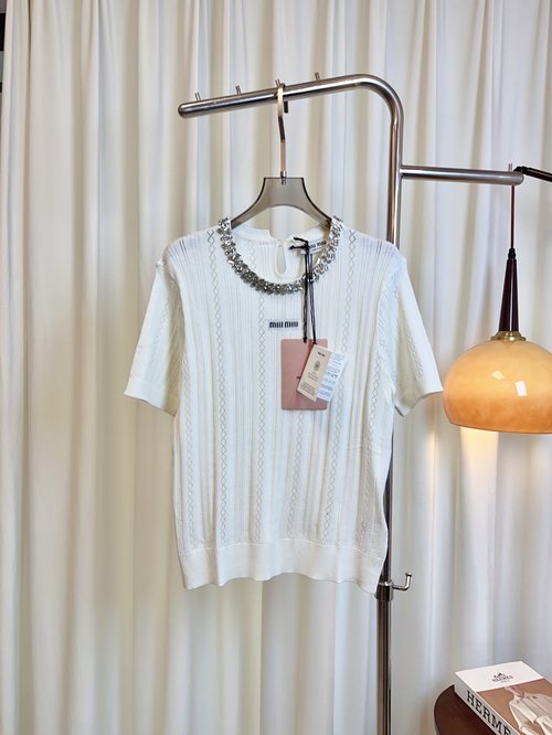 Miu Miu Custom Woven Tencel Wool Top with Hand-Beaded Diamond Collar