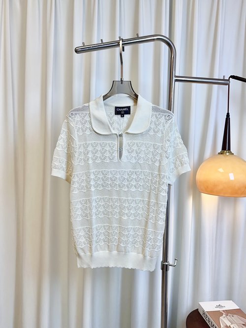 Chanel Custom Tencel Collared Top with Double C Studded Logo, Elegant and Essential