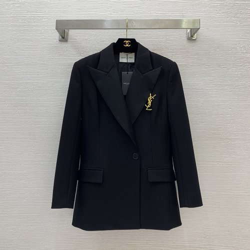 Yves Saint Laurent Exclusive High-End Single-Button Silk-Lined Blazer with Brooch