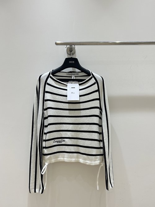 Dior Classic Dior-Style One-Shoulder Knitted Sweater with Stripes