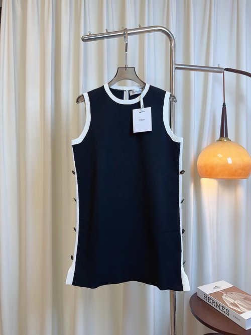 Dior Color-Blocked Side Button Logo Silk-Cotton Vest Dress, Elegant Style