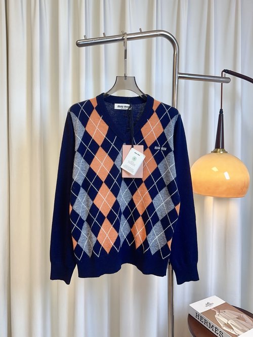 Miu Miu Wool V-neck Top with Logo and Checked Pattern
