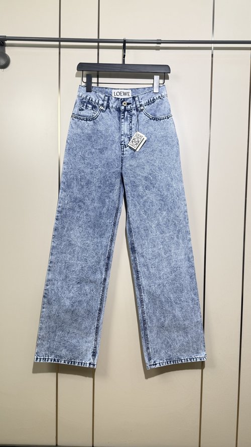 Loewe Ice Blue Snowflake Pattern Heavy-Washed Jeans with Vintage Charm