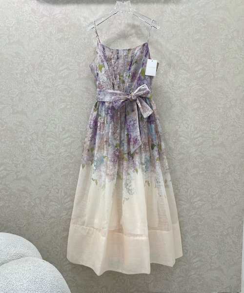 Zimmermann Graceful Printed Sling Dress with Waist Ruffles and Big Swing Skirt