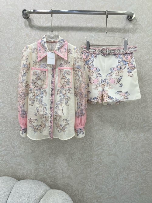 Loro Piana Refined Floral Gradient Series Suit with Collared Top and Belted Shorts