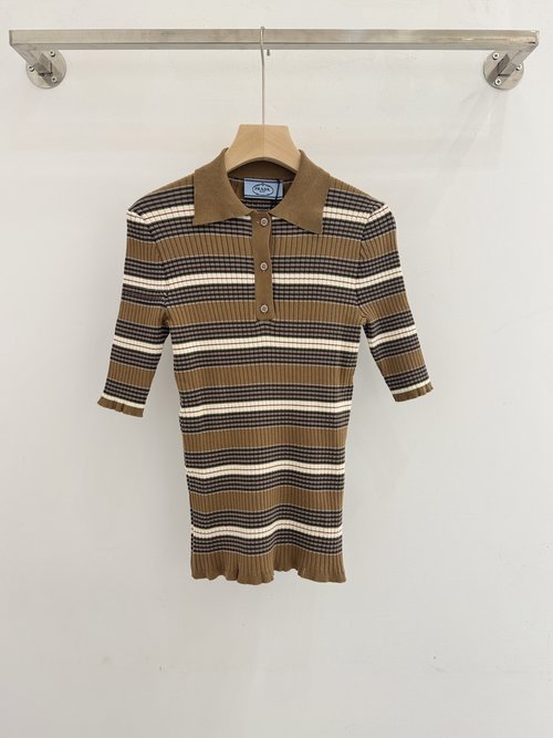 Prada Contrast Polo Collar Half-Open Knit with Stripes