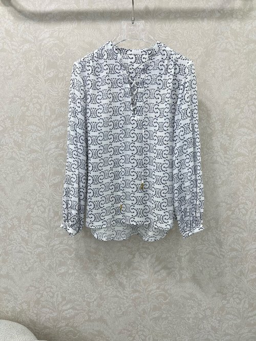 Celine Silk Print Tie-Up Shirt with Metal Buckle Accent