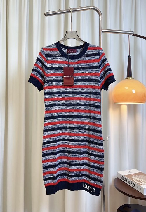 Gucci Custom Knitted Wool Fit - and - Flare Dress with Striped Design, Flattering Look