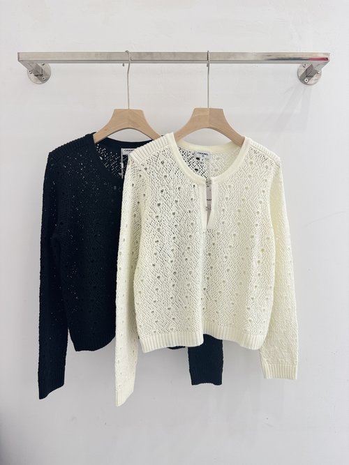 Chanel Classic Black and White Lace Long-Sleeve Knit Sweater