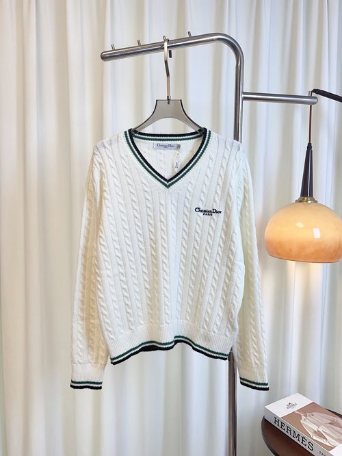 Dior Custom Embroidered Logo V - Neck Cashmere Pullover, Classic Elegance