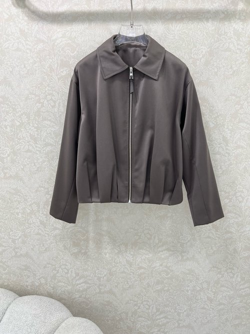Loro Piana Sophisticated Ruffled Zipper Jacket with Custom Hardware and Leather Label