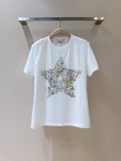 Dior White Cotton-Linen T-shirt with Flower Star Pattern