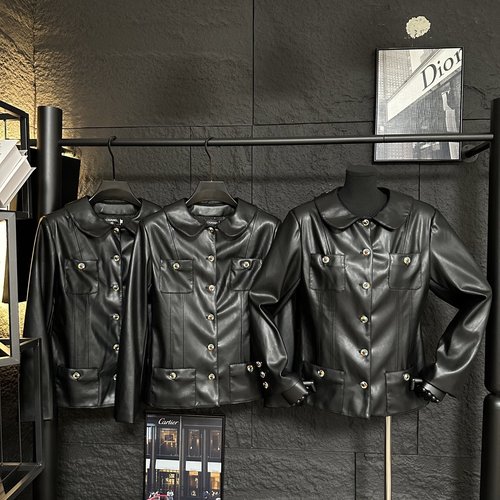 Chanel Short Slim Leather Jacket with Gem-inlaid Buttons, High-end Elegance