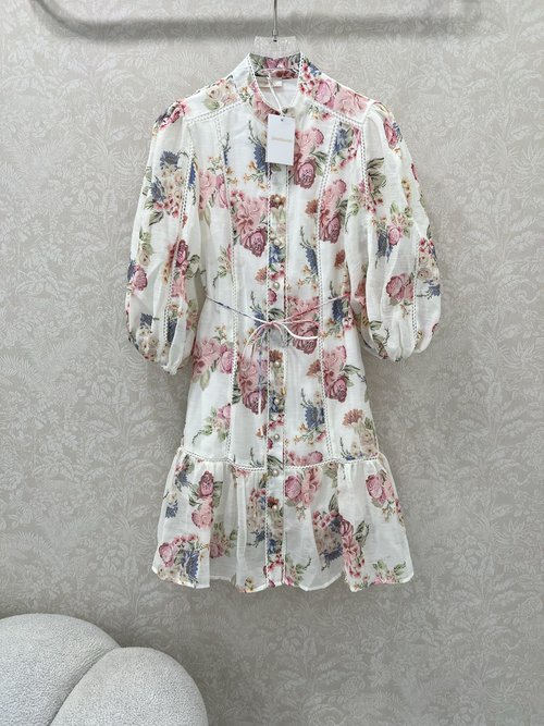 Loro Piana Classic Cotton Blend Dress with Pink Rose Prints and Lantern Sleeves