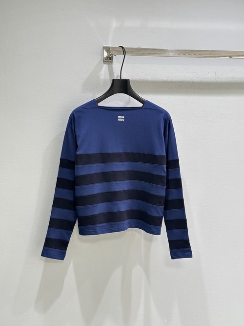 Miu Miu Striped Knit Top with Retro Vibes and White Logo Embroidery