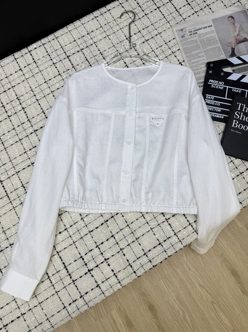 Prada Chic Round Neck Lightweight Linen Jacket with Subtle Triangle Accent