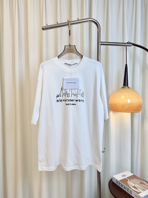 Alexander Wang Customized Cotton T-shirt with Print and Embroidered Logo, Comfortable and Breathable