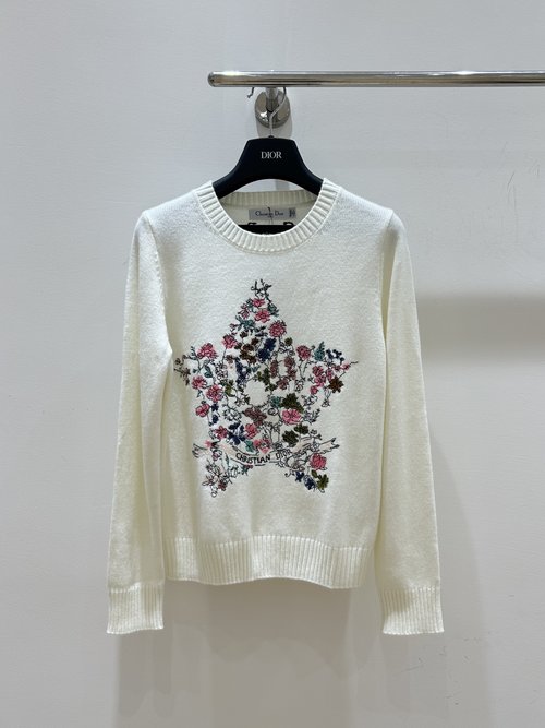 Dior Luxurious Multi-Colored Floral Embroidery Long-Sleeved Cashmere Sweater