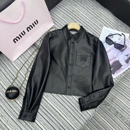 Miu Miu Recommended Mu Series Composite Leather Collared Shirt with Patch