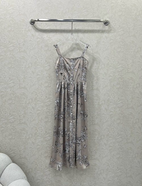 Dior Elegant Spaghetti Strap Dress with Gray Palm Tree Pattern
