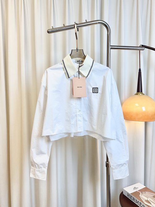 Miu Miu Customized Cotton Short Shirt with Logo and Contrast Collar