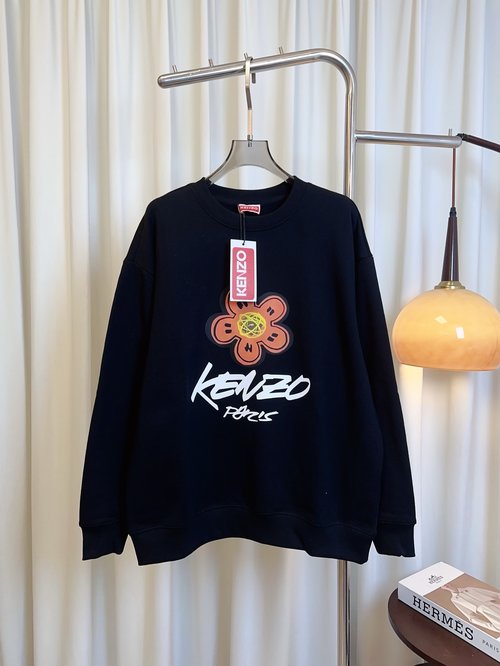 Kenzo New Begonia Flower Series Printed Hoodie with Flocked Logo in White/Black