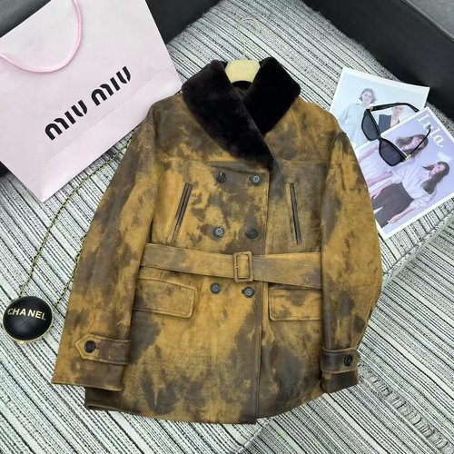 Miu Miu Recommended Fading Design Wool - Collar Sheepskin Double - Breasted Blazer