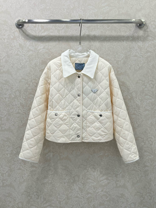 Prada Checkered Short Puffer Jacket with Triangle Logo, High - Quality and Stylish
