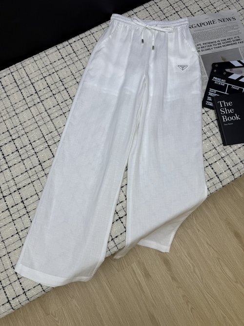 Prada Classic Triangle Logo Linen Wide-Leg Pants for Effortless Style