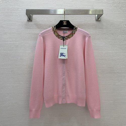 Burberry Classic Checked Edging Khaki and Pink Knitted Cardigan